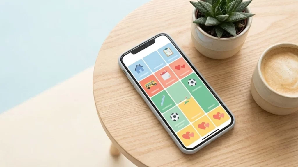 Smartphone mostrando aplicativo de organização de rotina escolar familiar em mesa organizada