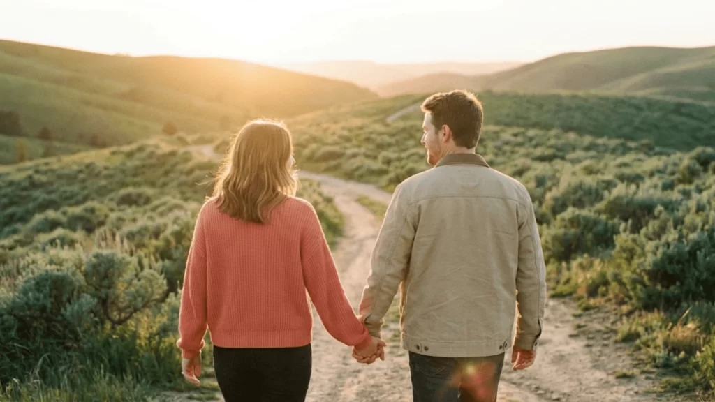 Casal caminhando juntos simbolizando parceria e crescimento em relacionamento saudável com comunicação assertiva