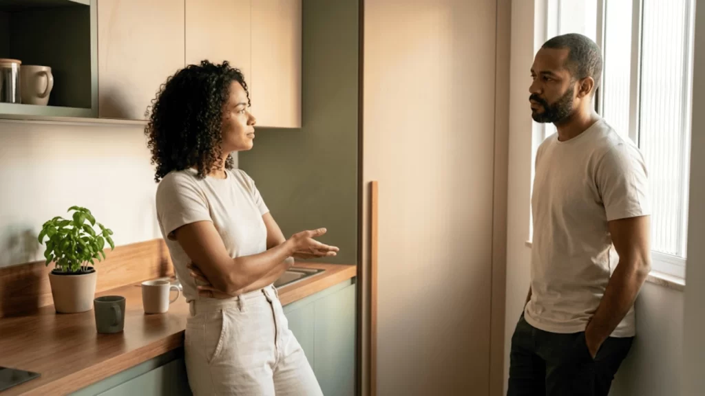 Casal tendo conversa difícil com respeito e comunicação assertiva em ambiente doméstico acolhedor