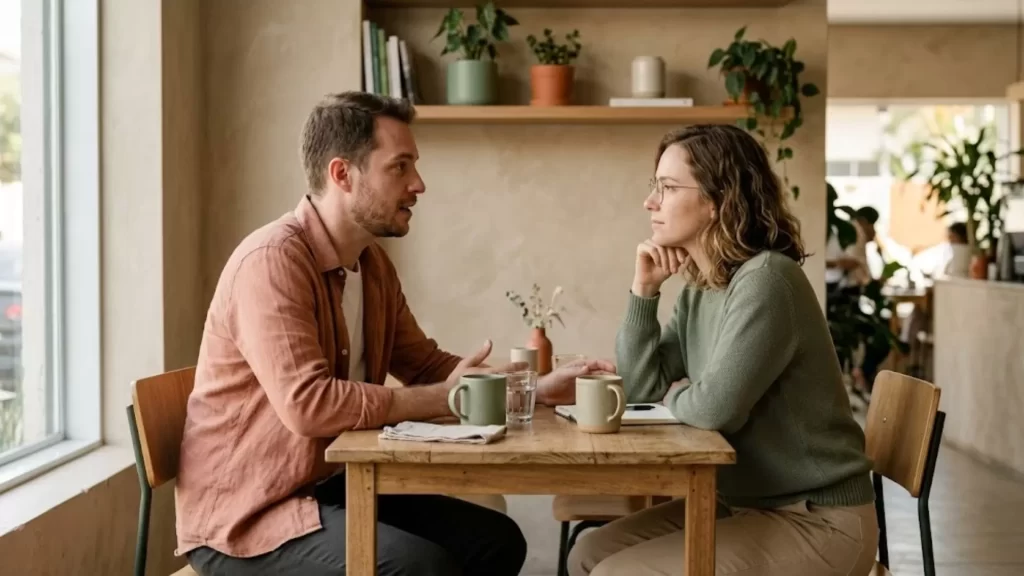 Casal conversando seriamente sobre o futuro do relacionamento em um ambiente de café sofisticado.