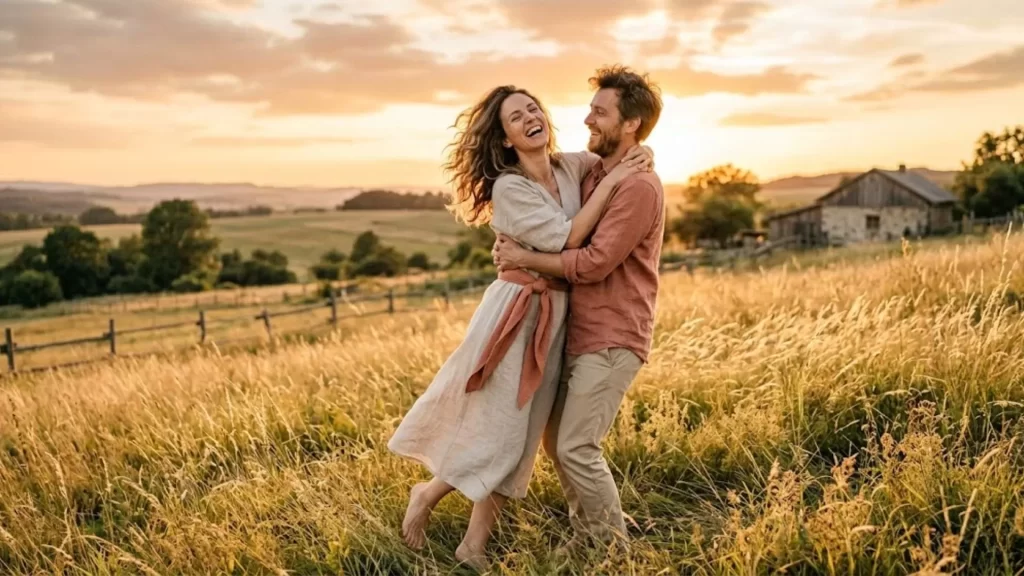 Casal celebrando momento de felicidade e harmonia ao ar livre com cores quentes de pôr do sol.
