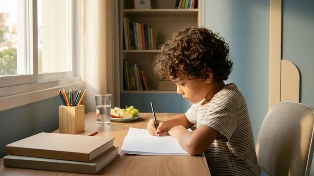 Criança fazendo lição de casa em rotina pós-escola organizada