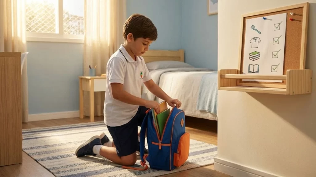Criança preparando mochila escolar durante rotina matinal