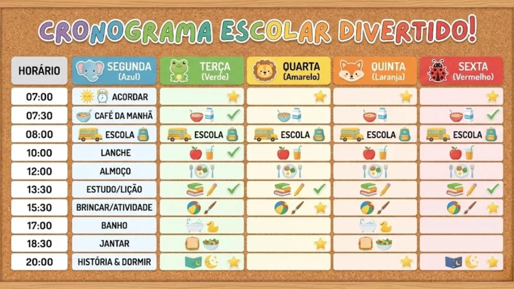 Cronograma visual de rotina escolar semanal para crianças