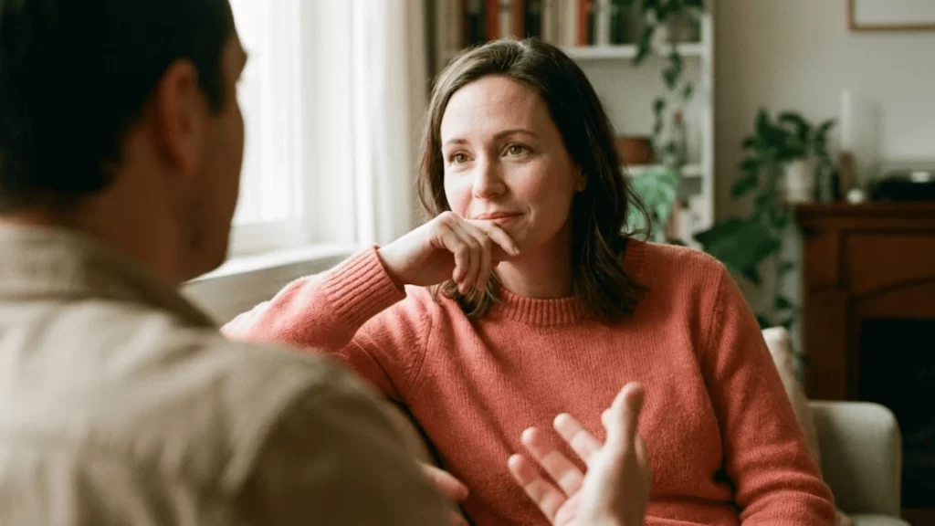 Pessoa praticando escuta ativa com atenção plena e expressão empática durante conversa