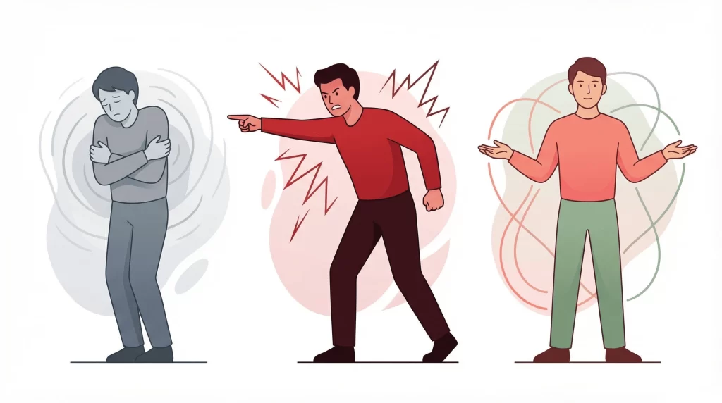 Ilustração comparativa dos três estilos de comunicação: passiva, agressiva e assertiva em relacionamentos