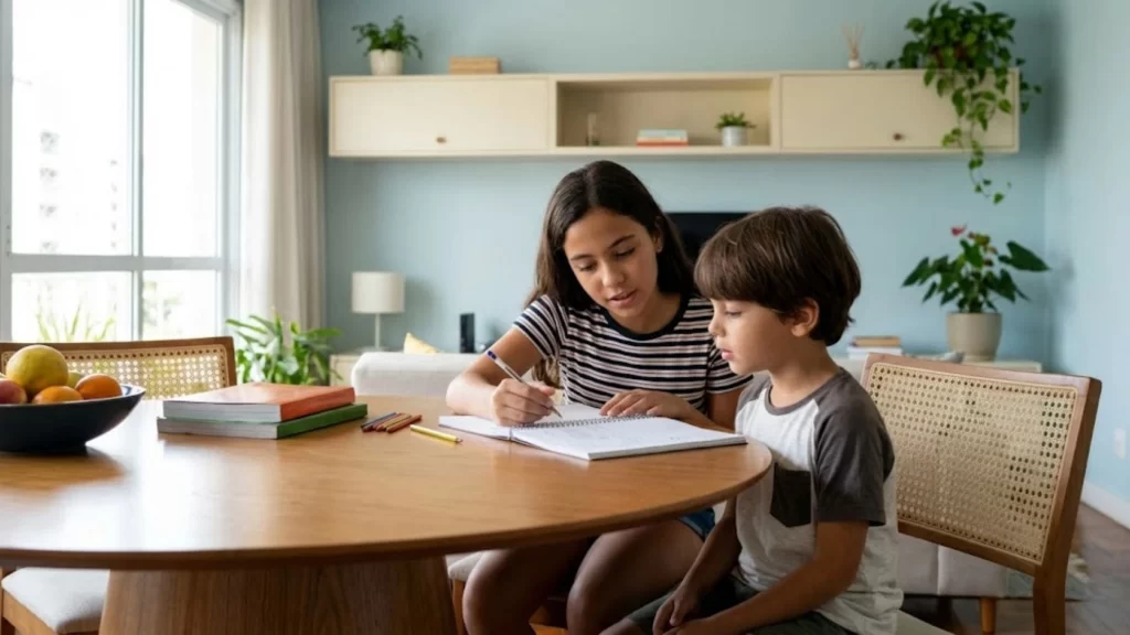 Irmãos em rotina escolar coordenada para diferentes idades