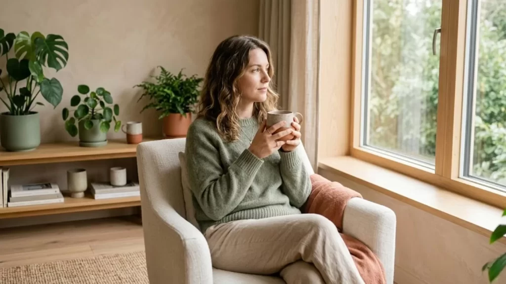 Mulher de 30 anos refletindo sobre o tempo ideal de namoro em ambiente acolhedor e minimalista.