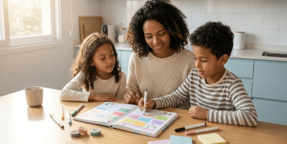 Família organizando rotina escolar semanal em casa