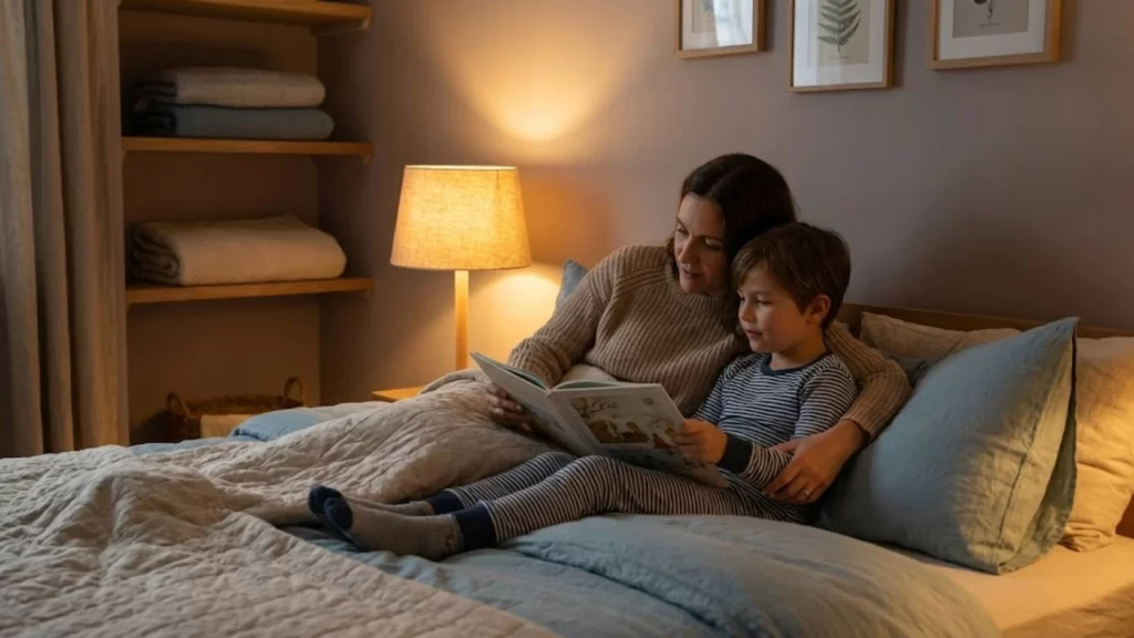 Rotina noturna infantil com leitura antes de dormir