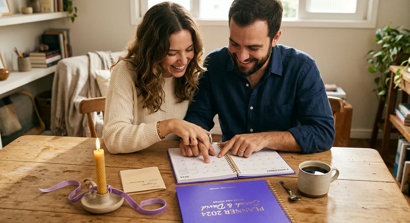 Casal comemorando bodas de namoro com calendário marcando a data especial do relacionamento