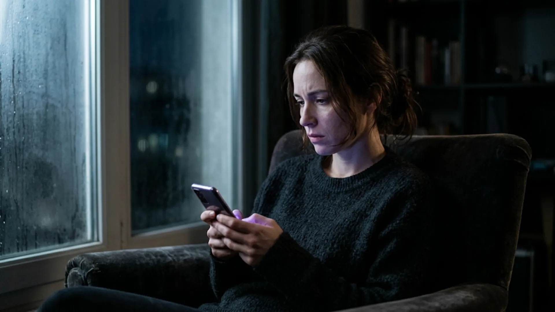 Mulher segurando celular na penumbra com expressão tensa, representando o apego ansioso no namoro