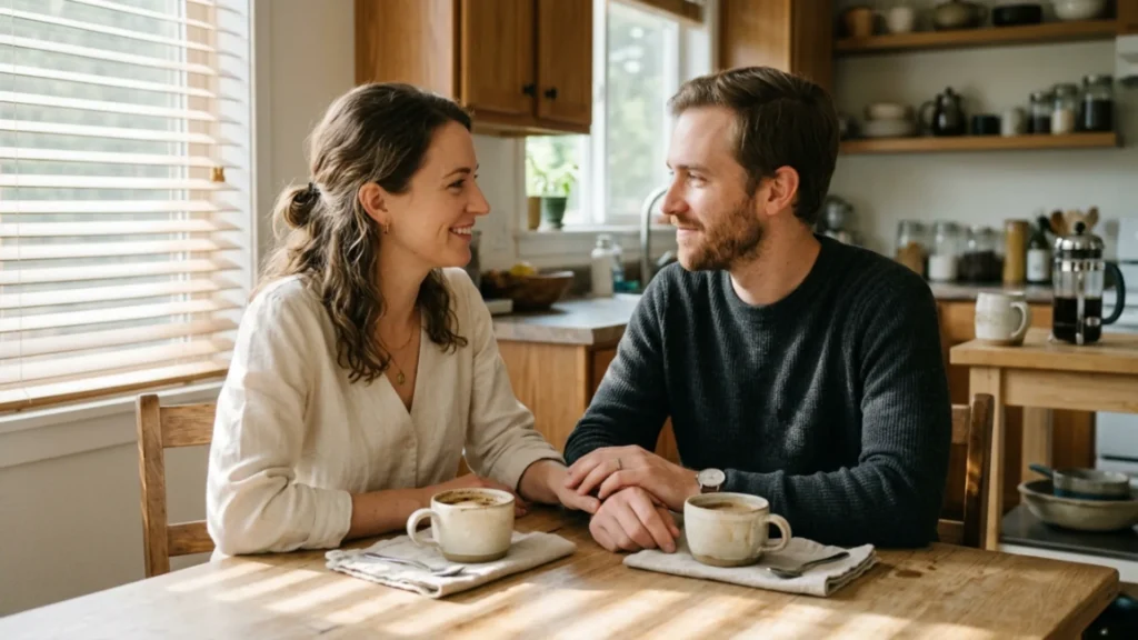 Casal conversando de forma tranquila sobre como falar sobre sexo no casamento