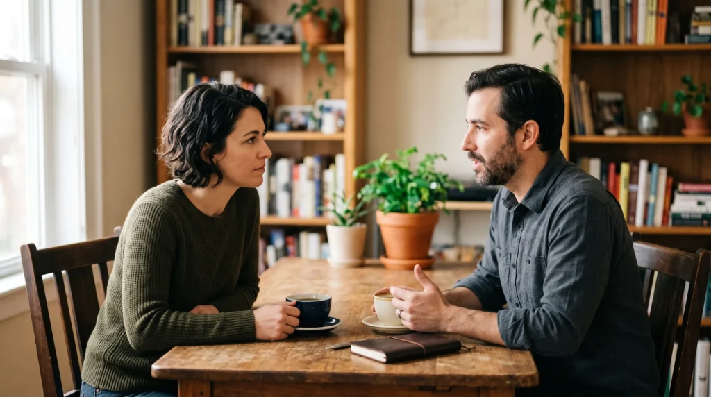 Casal conversando sobre dinâmica familiar com enteados — papel do parceiro biológico na relação