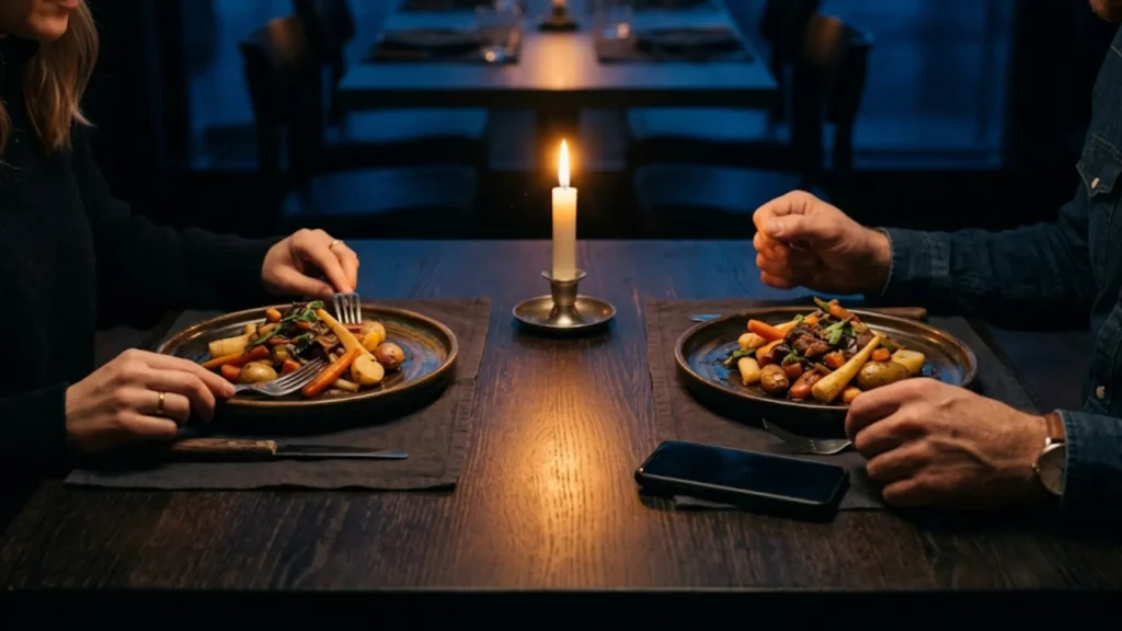 Jantar a dois com pratos intocados e silêncio — um dos sinais de que pode ser hora de buscar terapia de casal