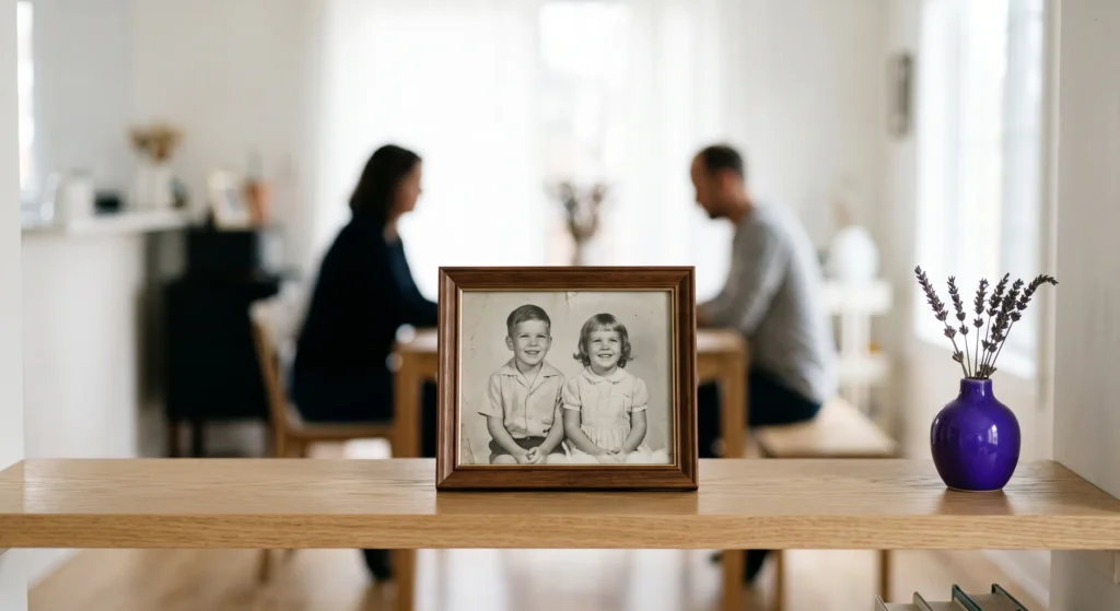Retrato de infância de dois irmãos em moldura de madeira, com os mesmos irmãos já adultos desfocados ao fundo