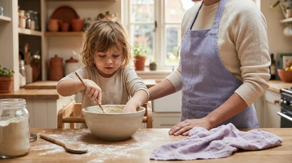 Criança com farinha nas mãos ajudando a preparar receita na cozinha com a família, criando memórias afetivas